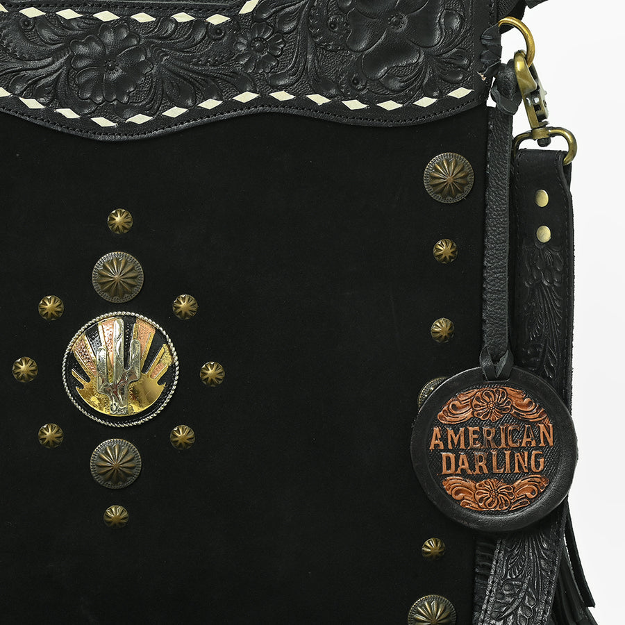 American Darling Clutch Bag Hand Tooled Floral Genuine Leather Western Purse with Fringes Concho and YKK Zipper