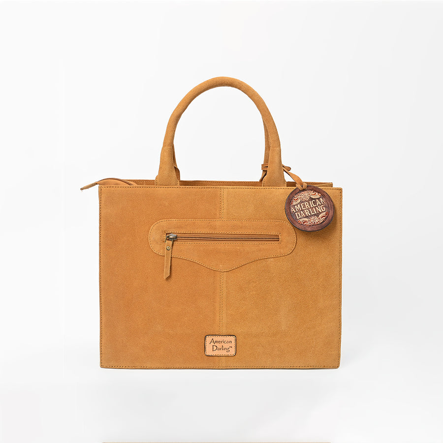 American Darling Women's Tan Western Embroidered Suede Tote Bag with Covered Wagon Desert Artwork Boutique Handbag