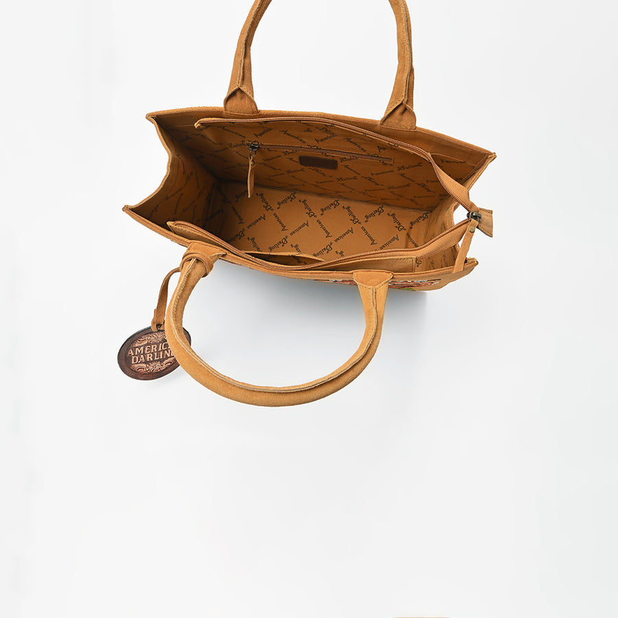 American Darling Women's Tan Western Embroidered Suede Tote Bag with Covered Wagon Desert Artwork Boutique Handbag