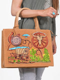 American Darling Women's Tan Western Embroidered Suede Tote Bag with Covered Wagon Desert Artwork Boutique Handbag