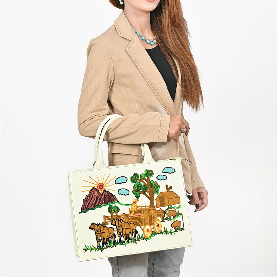 American Darling Pastel Mint Embroidered Scenic Country Tote Bag | Vintage Farm Purse