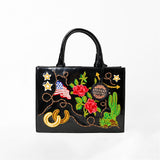 American Darling Women's Western Patent Leather Tote Handbag, Embroidered Floral Cactus Horseshoe USA Flag Purse