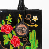 American Darling Women's Western Patent Leather Tote Handbag, Embroidered Floral Cactus Horseshoe USA Flag Purse