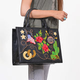 American Darling Women's Western Patent Leather Tote Handbag, Embroidered Floral Cactus Horseshoe USA Flag Purse