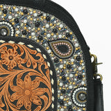 American Darling Black Beaded Half-Moon Bag with Tooled Leather Accent