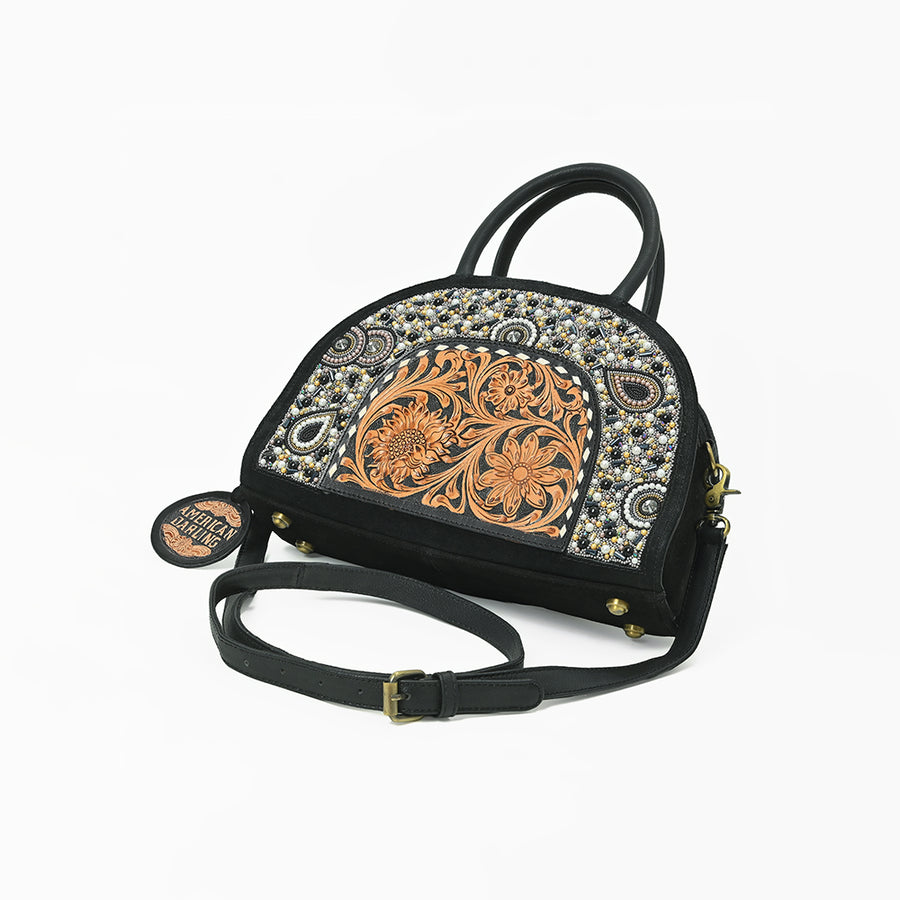 American Darling Black Beaded Half-Moon Bag with Tooled Leather Accent