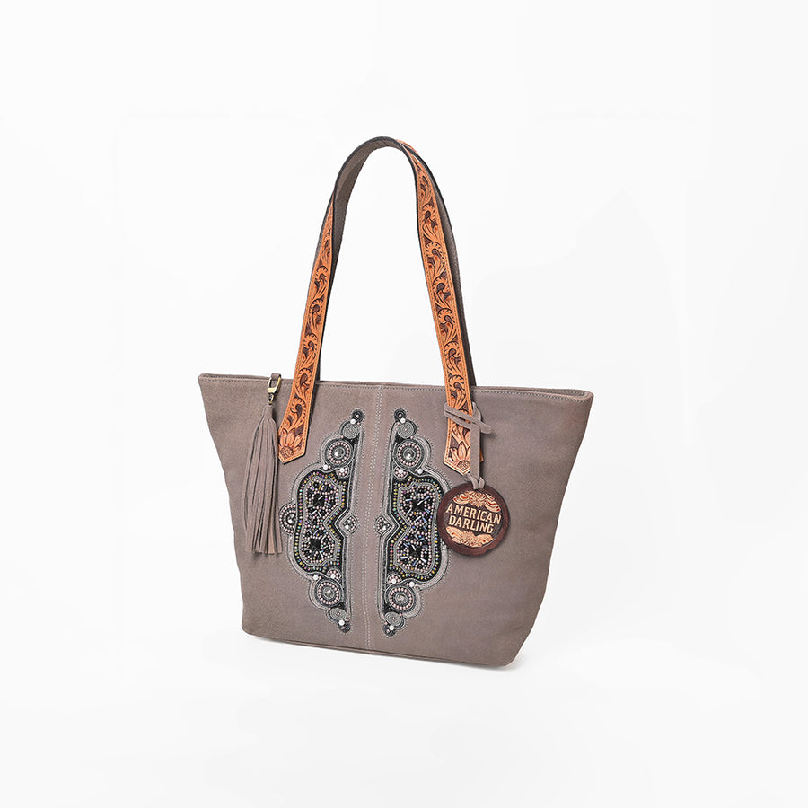 American Darling Women's Western Suede Tote Bag with Hand Tooled Leather Shoulder Straps, Embellished Front Panel, Tassel Accent