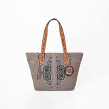 American Darling Women's Western Suede Tote Bag with Hand Tooled Leather Shoulder Straps, Embellished Front Panel, Tassel Accent