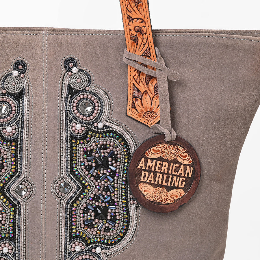 American Darling Women's Western Suede Tote Bag with Hand Tooled Leather Shoulder Straps, Embellished Front Panel, Tassel Accent