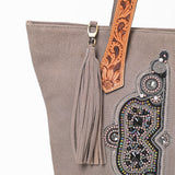 American Darling Women's Western Suede Tote Bag with Hand Tooled Leather Shoulder Straps, Embellished Front Panel, Tassel Accent