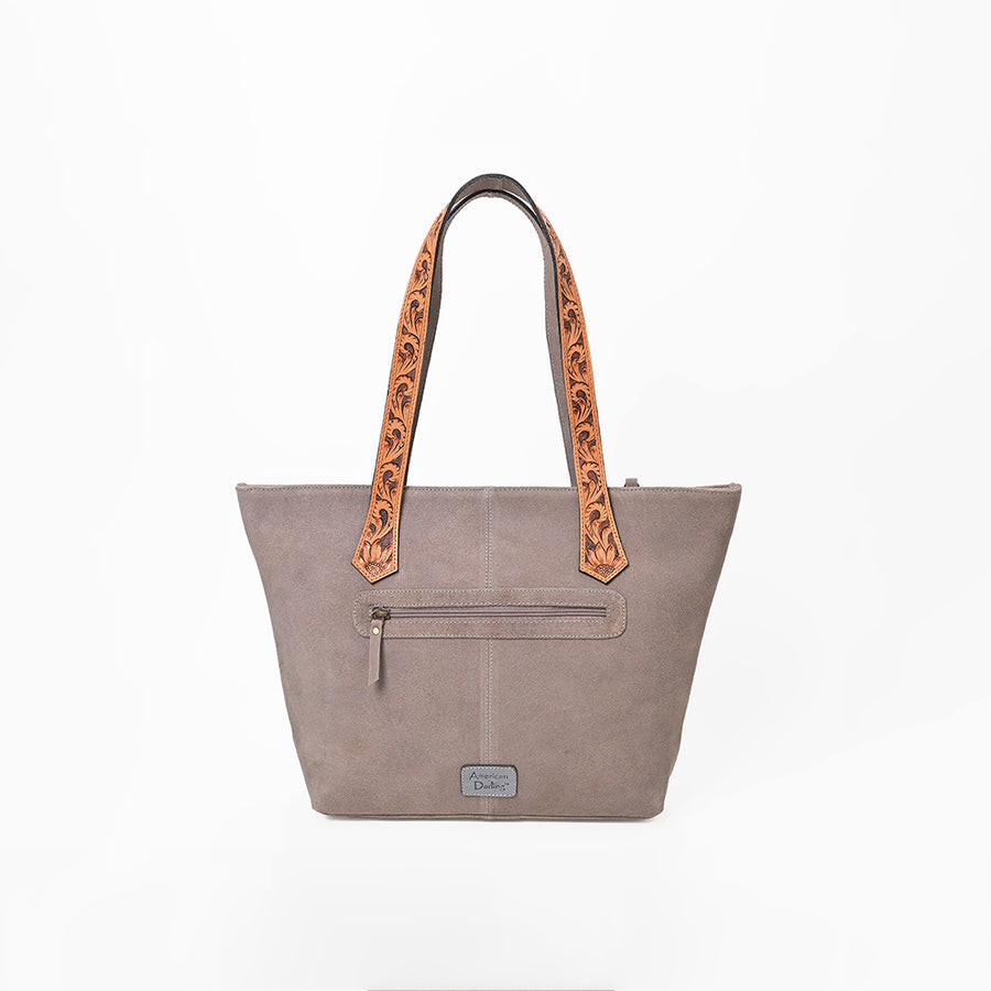 American Darling Women's Western Suede Tote Bag with Hand Tooled Leather Shoulder Straps, Embellished Front Panel, Tassel Accent