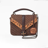 American Darling Women's Western Quilted Suede Crossbody Purse with Tooled Leather Trim, Chain Strap, Top Handle