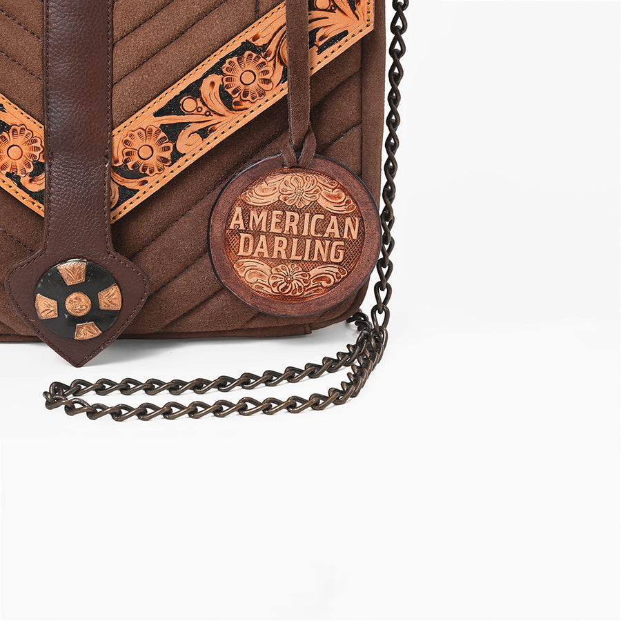 American Darling Women's Western Quilted Suede Crossbody Purse with Tooled Leather Trim, Chain Strap, Top Handle