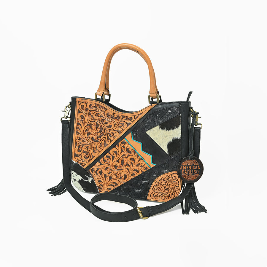 American Darling Western Hand-Tooled Leather Shoulder Bag with Hair-On Panels and Fringe - Uhorse