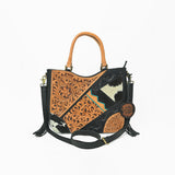 Western Hand-Tooled Leather Shoulder Bag with Hair-On Panels & Fringe – Premium Crossbody Handbag