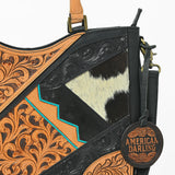 Western Hand-Tooled Leather Shoulder Bag with Hair-On Panels & Fringe – Premium Crossbody Handbag