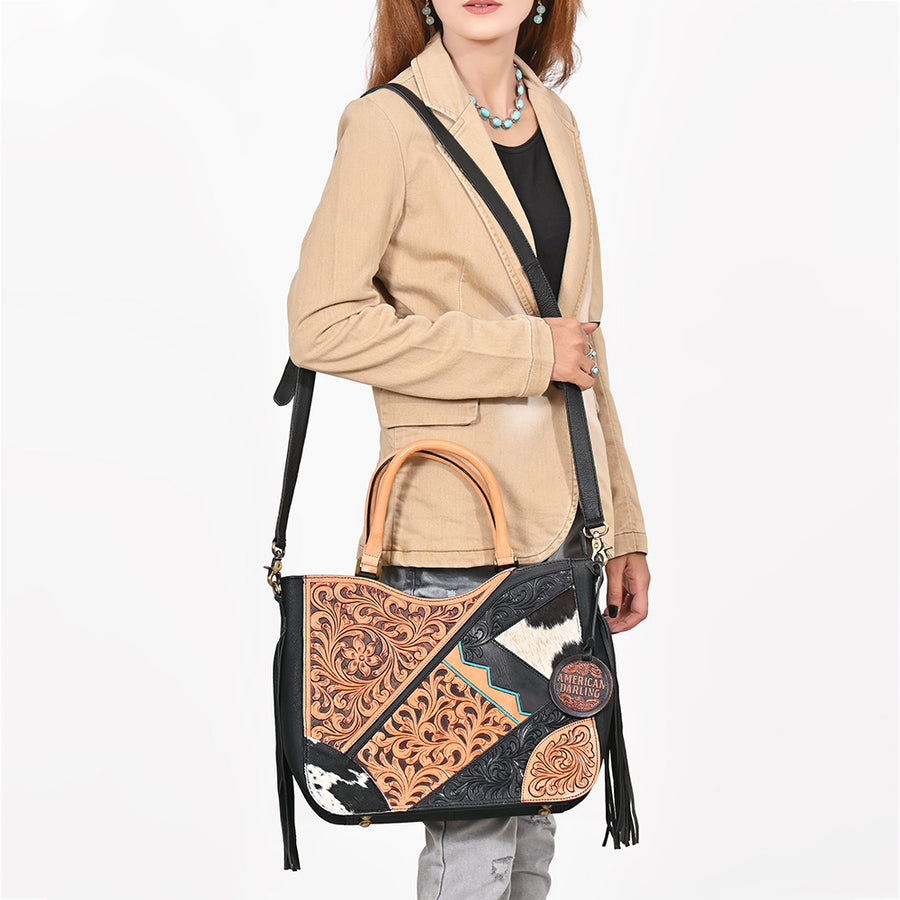 Western Hand-Tooled Leather Shoulder Bag with Hair-On Panels & Fringe – Premium Crossbody Handbag
