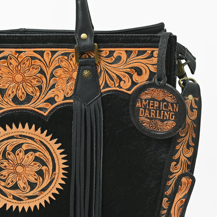 American Darling Black Fringe Tote Bag with Floral Tooled Leather