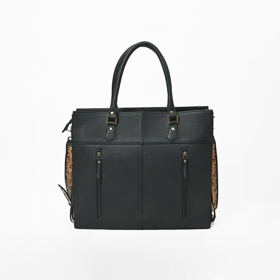 American Darling Black Fringe Tote Bag with Floral Tooled Leather