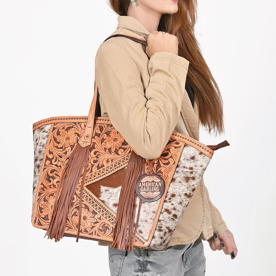 American Darling Cowhide & Floral Tooled Leather Fringe Tote Bag