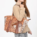 American Darling Cowhide & Floral Tooled Leather Fringe Tote Bag