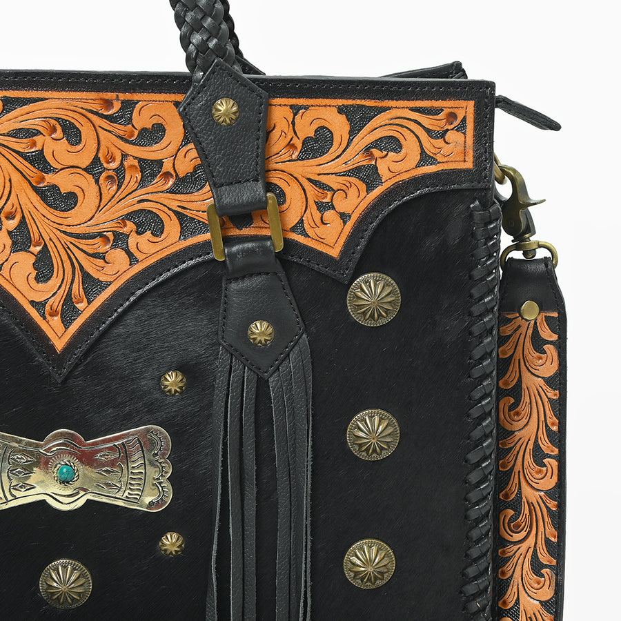 American Darling Western Tooled Leather Tote Bag for Women – Black Hand-Tooled Handbag
