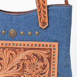 American Darling Blue Denim & Tooled Leather Western Handbag with Turquoise Studs