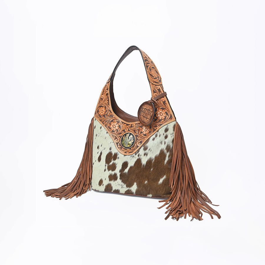 American Darling Western Hand-Tooled Leather Hobo Bag with Hair-On Hide and Fringe - Uhorse