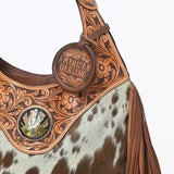 Western Hand-Tooled Leather Hobo Bag with Hair-On Hide & Fringe – Artisan Shoulder Handbag