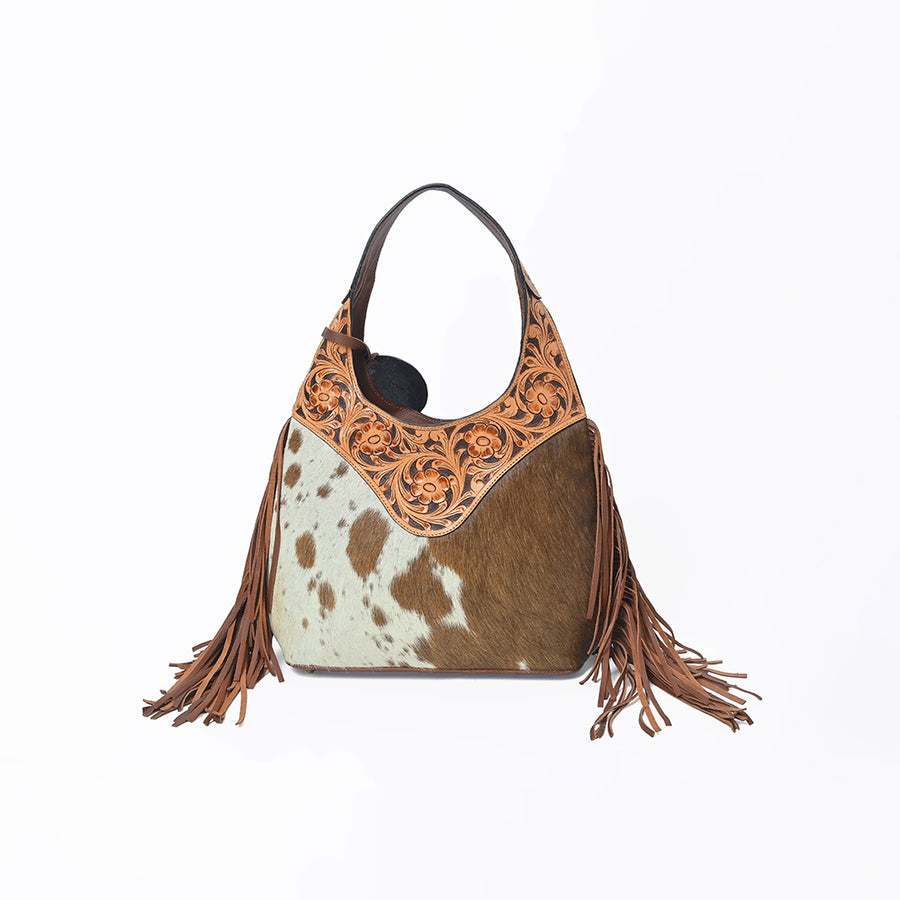 Western Hand-Tooled Leather Hobo Bag with Hair-On Hide & Fringe – Artisan Shoulder Handbag