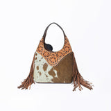 Western Hand-Tooled Leather Hobo Bag with Hair-On Hide & Fringe – Artisan Shoulder Handbag