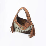 Western Hand-Tooled Leather Hobo Bag with Hair-On Hide & Fringe – Artisan Shoulder Handbag