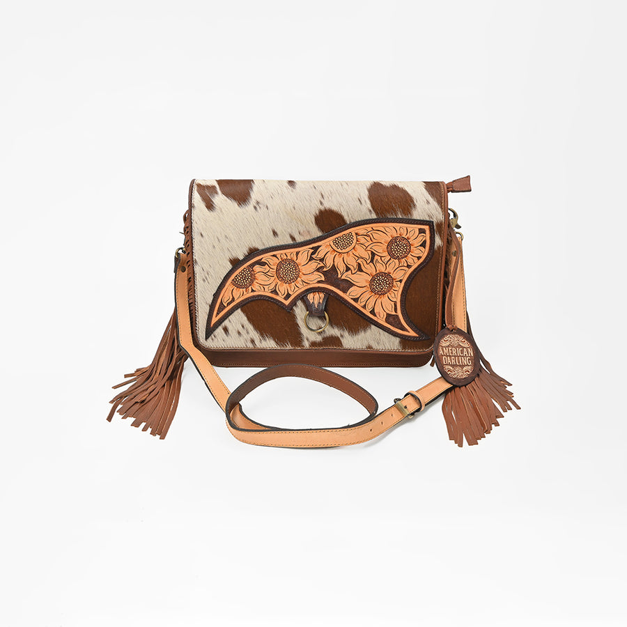 American Darling Cowhide Leather Handbag with Sunflower Tooled Flap & Fringe Accents
