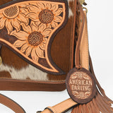 American Darling Cowhide Leather Handbag with Sunflower Tooled Flap & Fringe Accents