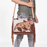 American Darling Cowhide Leather Handbag with Sunflower Tooled Flap & Fringe Accents