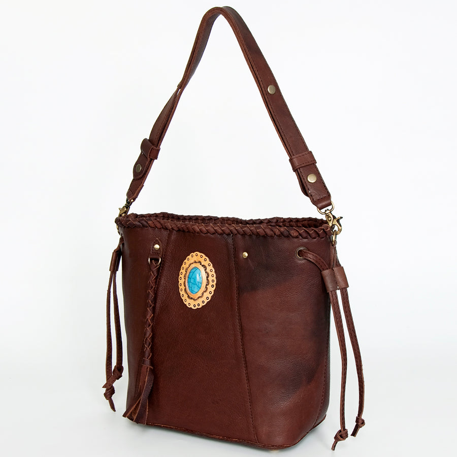 American Darling Bucket Bag, Genuine Vegetable-Tanned Leather, Braided Trim with Tassels & Turquoise, Western Handbag