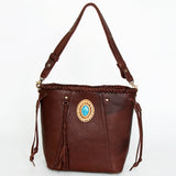 American Darling Bucket Bag, Genuine Vegetable-Tanned Leather, Braided Trim with Tassels & Turquoise, Western Handbag