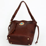 American Darling Bucket Bag, Genuine Vegetable-Tanned Leather, Braided Trim with Tassels & Turquoise, Western Handbag