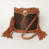American Darling Bucket Bag Hair-On Cowhide Genuine Leather Fringes Riveted Drawstring Western Purse 11in X 13in X 5in