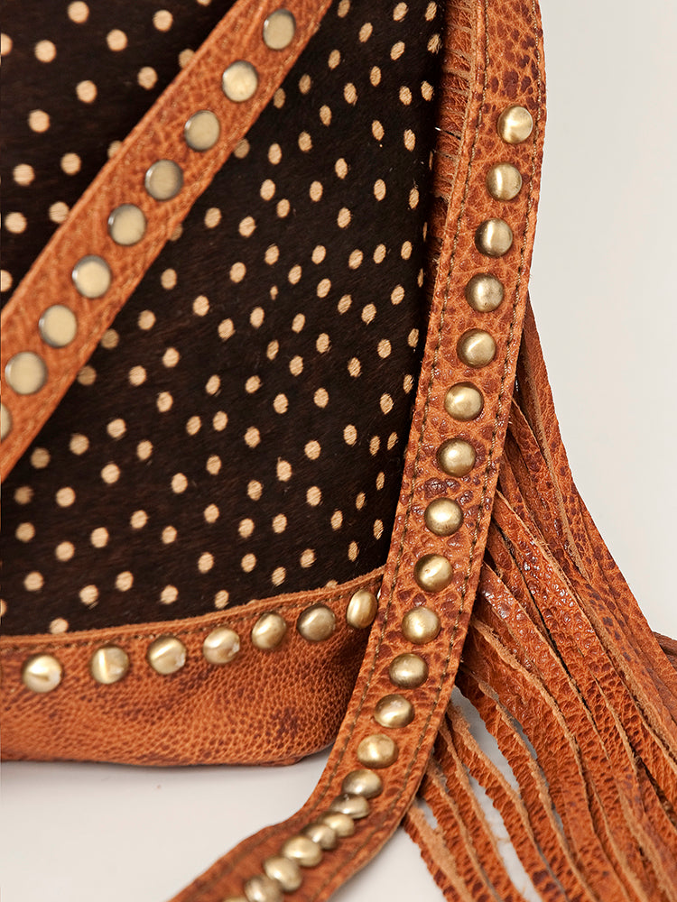 American Darling Bucket Bag Hair-On Cowhide Genuine Leather Fringes Riveted Drawstring Western Purse 11in X 13in X 5in