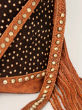 American Darling Bucket Bag Hair-On Cowhide Genuine Leather Fringes Riveted Drawstring Western Purse 11in X 13in X 5in