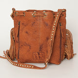 American Darling Bucket Bag Hair-On Cowhide Genuine Leather Fringes Riveted Drawstring Western Purse 11in X 13in X 5in