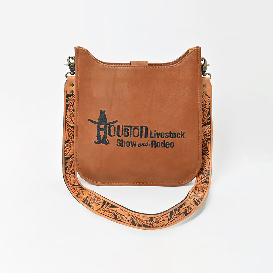 Showground Rodeo Genuine Leather Embroidered Crossbody Bag Hand-Tooled Floral Strap Purse | Houston Livestock Show and Rodeo