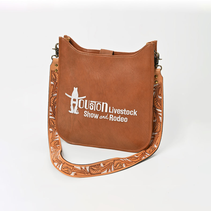 Showground Rodeo Genuine Leather White Embroidered Crossbody Bag Hand-Tooled Floral Strap | Houston Livestock Show - Uhorse