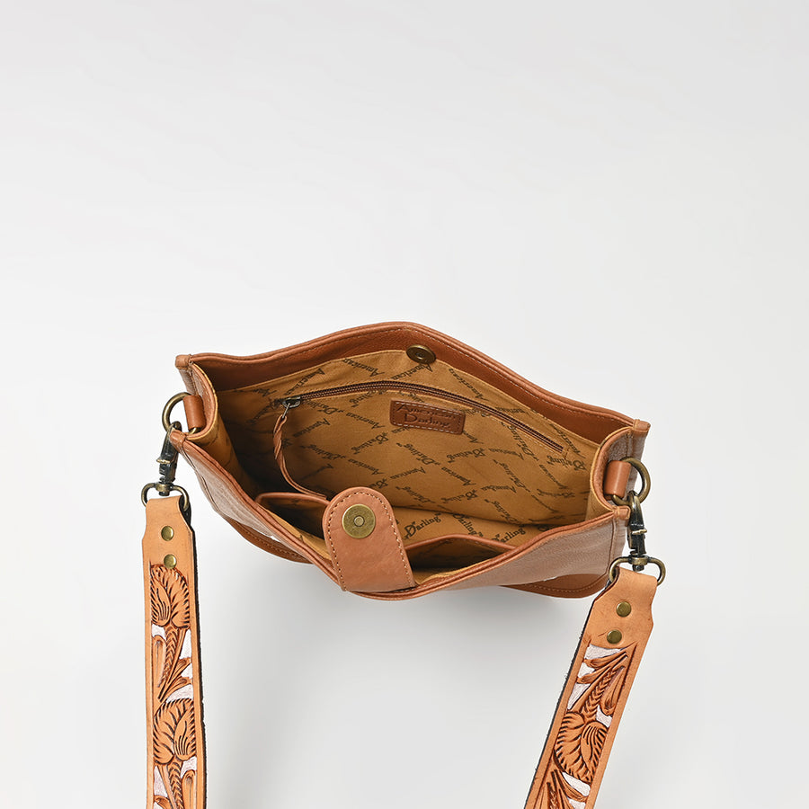 Showground Rodeo Genuine Leather White Embroidered Crossbody Bag Hand-Tooled Floral Strap | Houston Livestock Show and Rodeo