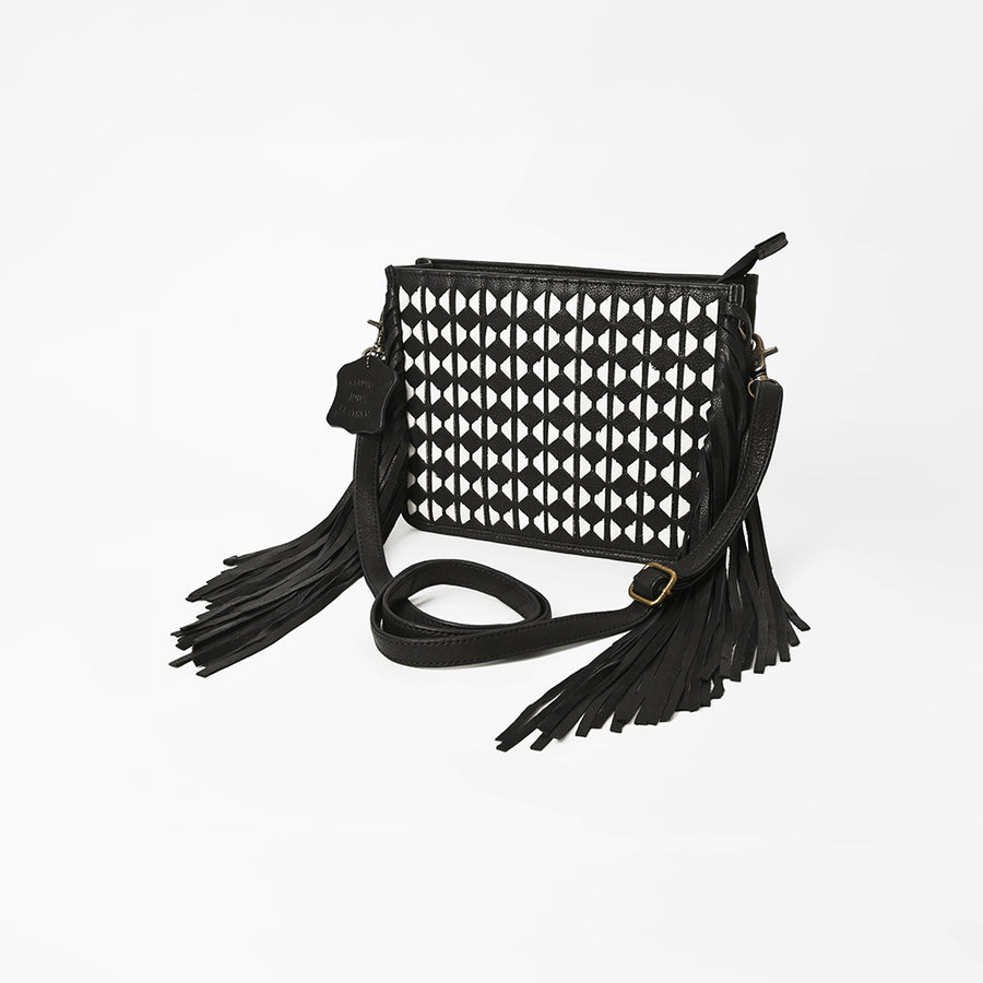 American Darling Genuine Leather Fringe Crossbody Bag w/ Geometric Black