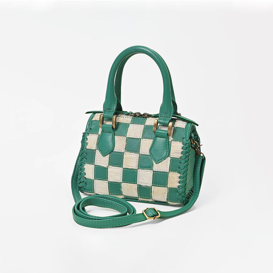 American Darling Green Checkered Leather Mini Handbag for Women – Woven Hair-On Leather Tote