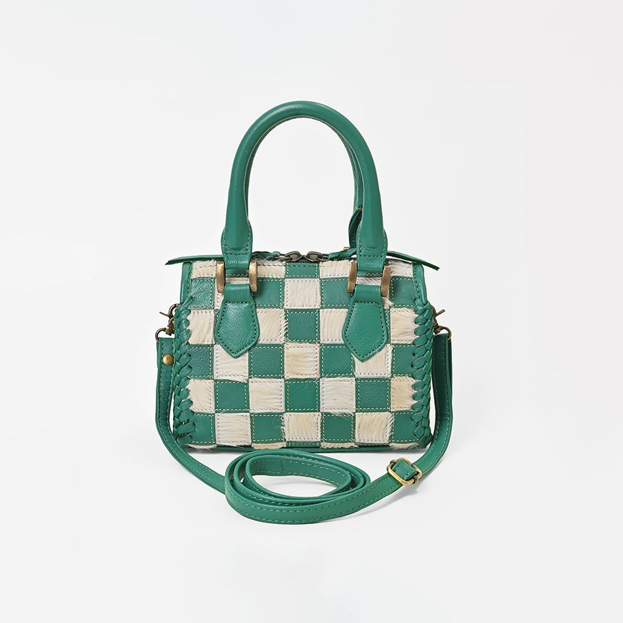 American Darling Green Checkered Leather Mini Handbag for Women – Woven Hair-On Leather Tote