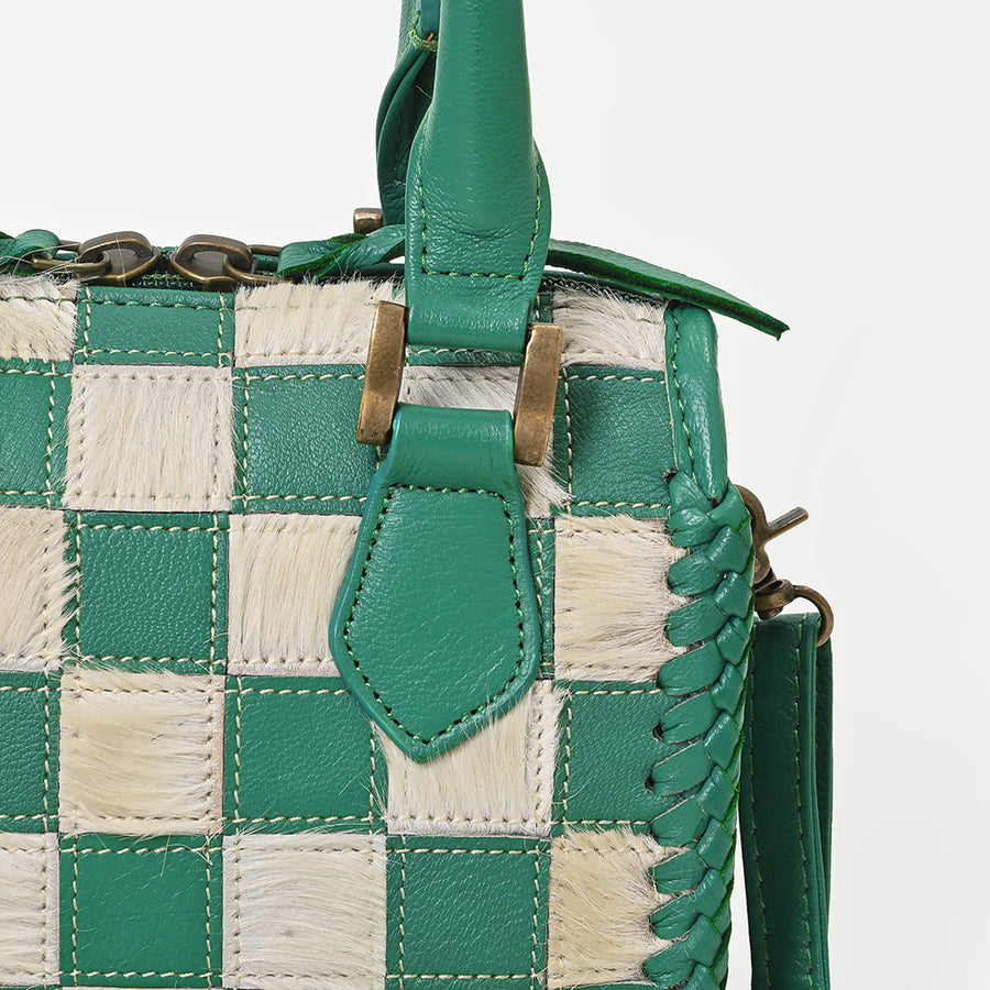 American Darling Green Checkered Leather Mini Handbag for Women – Woven Hair-On Leather Tote
