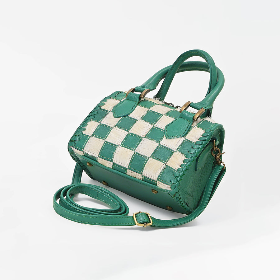 American Darling Green Checkered Leather Mini Handbag for Women – Woven Hair-On Leather Tote